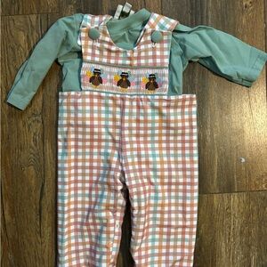 Brown and Green Overalls with Embroidered Details